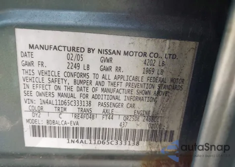 2005 Nissan Altima 2.5 S from USA, damaged, VIN 1N4AL11D65C333138